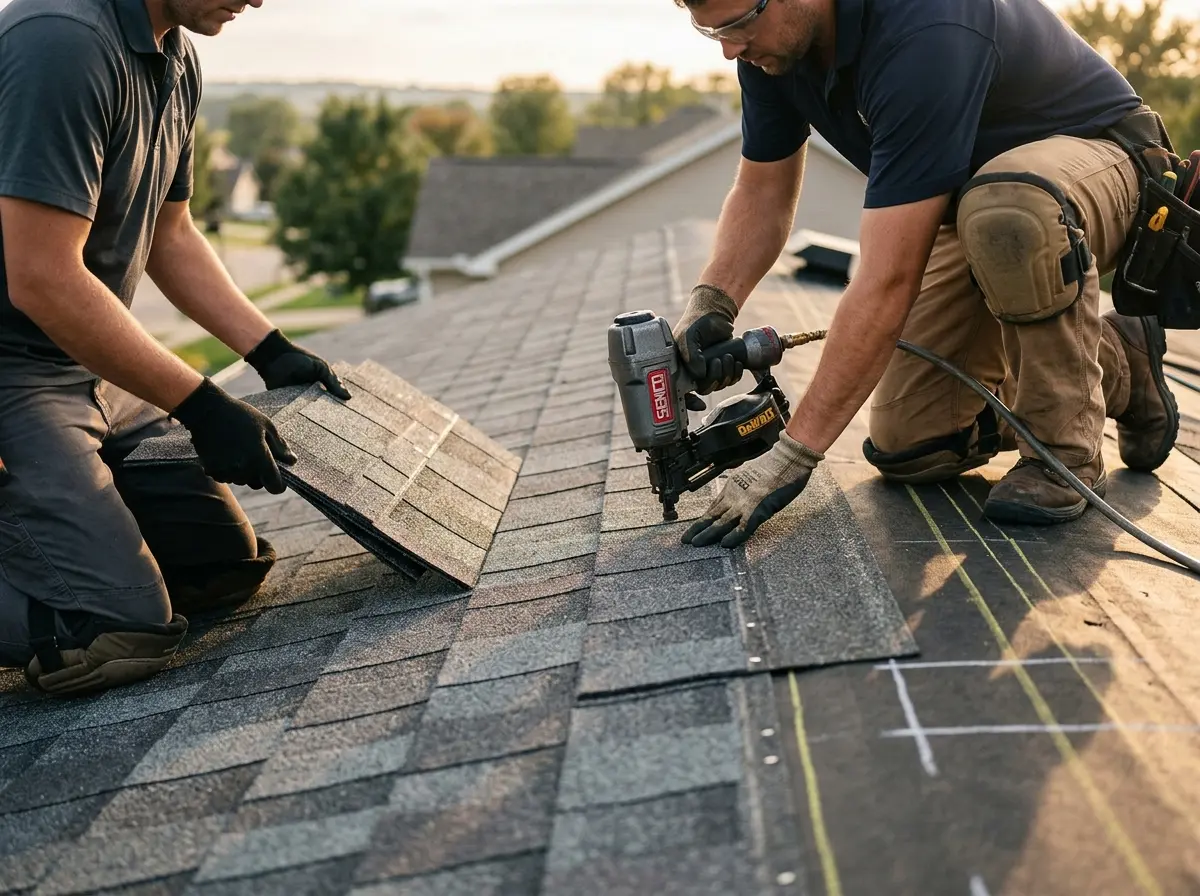 Professional roofer working on a residential roof in Gages Lake